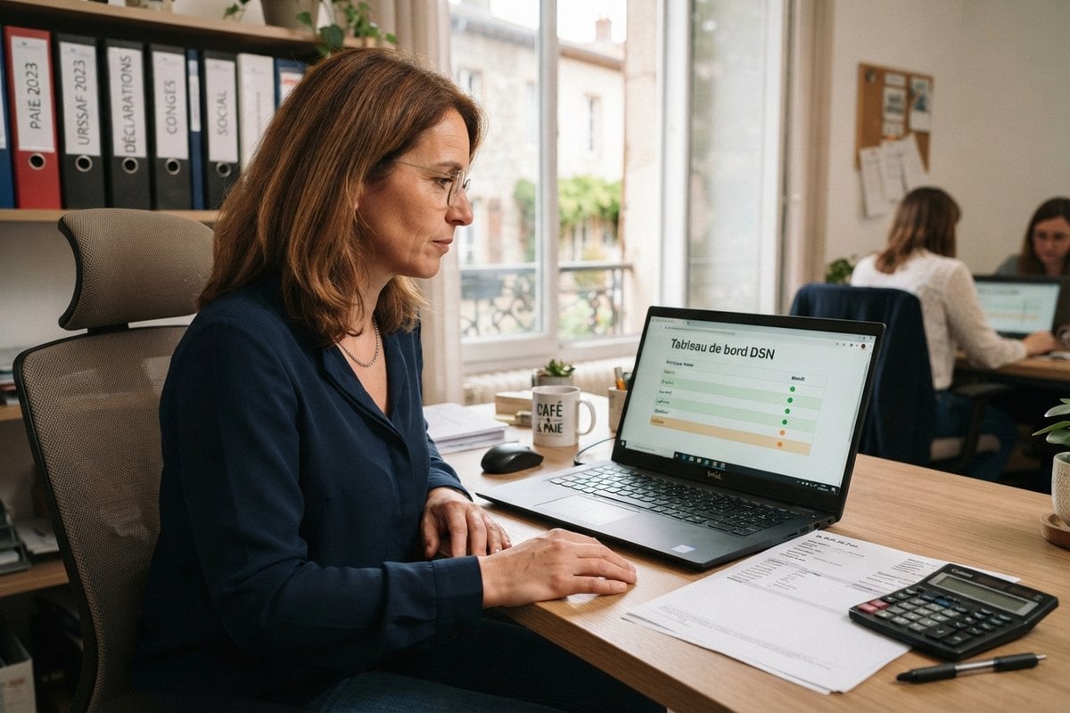 Gestionnaire de paie consultant un tableau de bord sur un ordinateur portable, classeurs et calculatrice sur le bureau