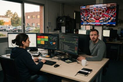 Deux analystes en cybersécurité devant leurs écrans, une télévision diffuse une séance de l'Assemblée nationale