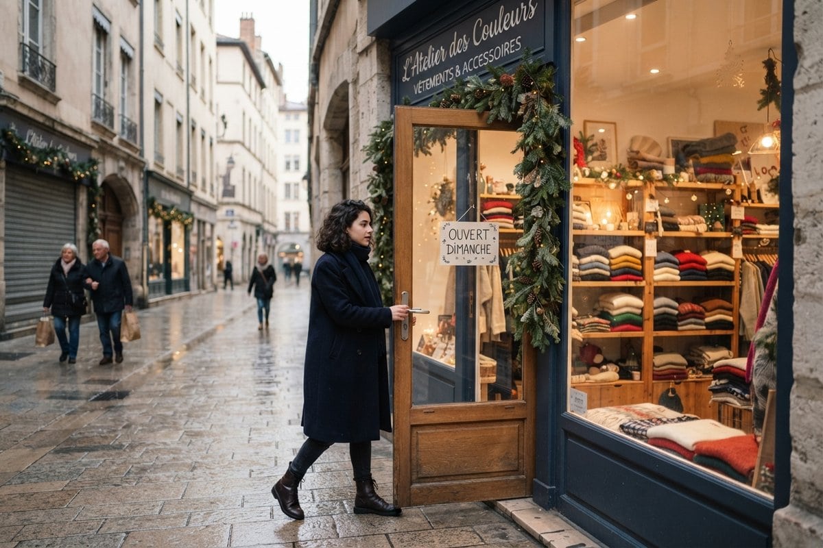 Vendeuse ouvrant la porte d'une boutique de vêtements décorée pour Noël, affichette Ouvert dimanche sur la vitre
