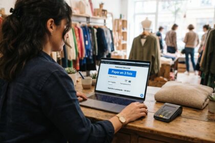 Commerçante devant un ordinateur portable affichant un bouton Payer en 3 fois, dans une boutique de vêtements
