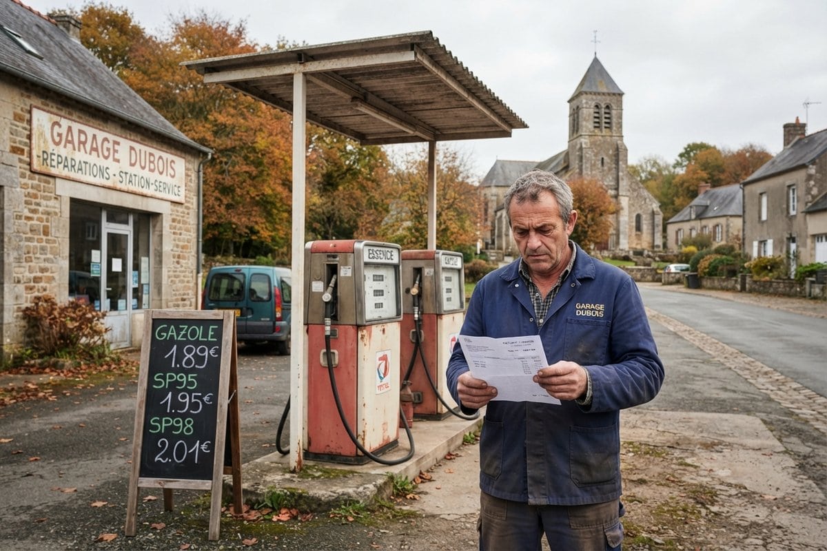 Garagiste lisant une facture devant deux vieilles pompes d'une station de village, ardoise affichant le prix du gazole