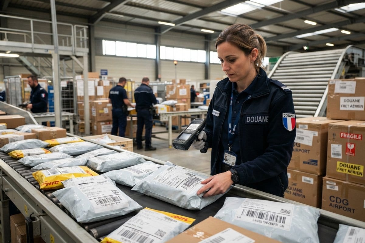 Agente des douanes scannant des sachets de petits colis sur un tapis de tri dans un centre de fret aérien