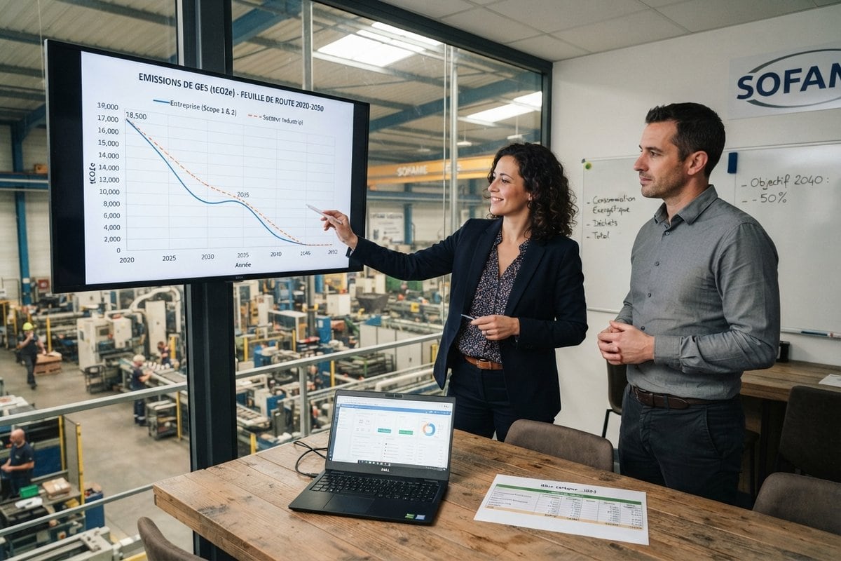 Une responsable présente une courbe d'émissions de gaz à effet de serre à un directeur d'usine, atelier visible derrière la vitre