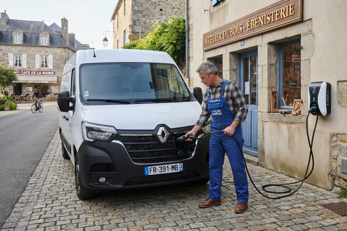 Artisan en salopette bleue branchant un utilitaire électrique Renault blanc devant un atelier d'ébénisterie