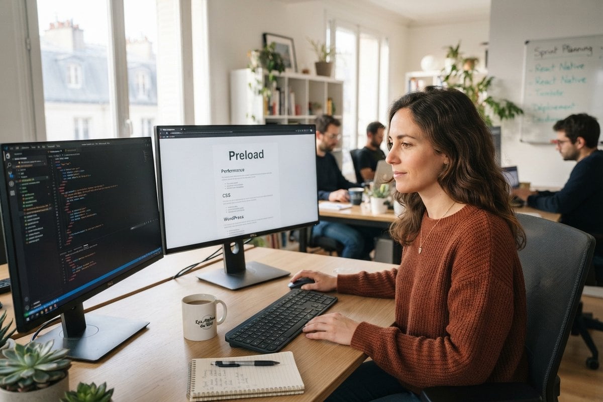 Développeuse lisant la newsletter Preload sur un écran, à côté d'un éditeur de code, dans un open space lumineux