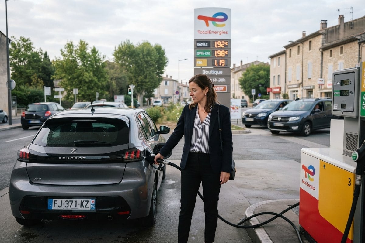 Une femme en tenue de bureau fait le plein de sa Peugeot 208 grise dans une station TotalEnergies de centre-bourg