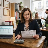 Dirigeante à son bureau tenant un bulletin de paie, calculatrice et ordinateur portable, calendrier de décembre 2026 au mur