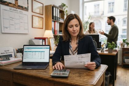Dirigeante à son bureau tenant un bulletin de paie, calculatrice et ordinateur portable, calendrier de décembre 2026 au mur