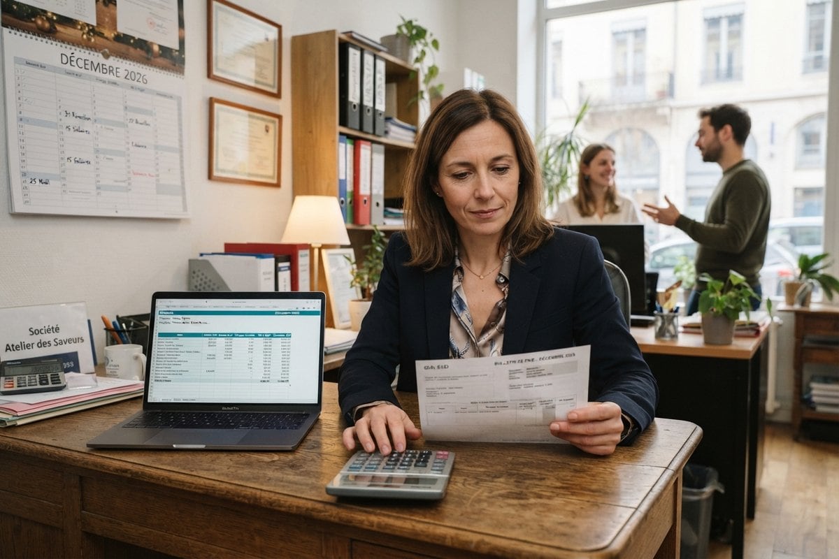 Dirigeante à son bureau tenant un bulletin de paie, calculatrice et ordinateur portable, calendrier de décembre 2026 au mur