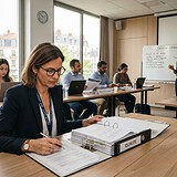 Auditrice annotant un classeur Qualité dans une salle de formation où une formatrice anime une séance