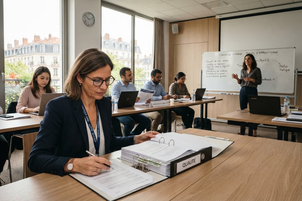 Auditrice annotant un classeur Qualité dans une salle de formation où une formatrice anime une séance