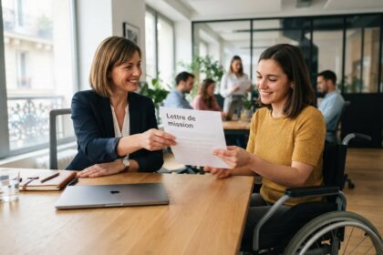 Une responsable RH tend une lettre de mission à une collègue en fauteuil roulant, assises à une table de bureau