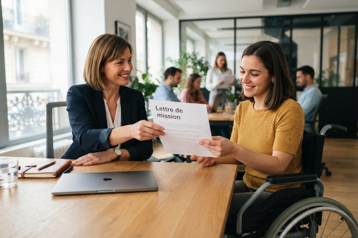 Une responsable RH tend une lettre de mission à une collègue en fauteuil roulant, assises à une table de bureau