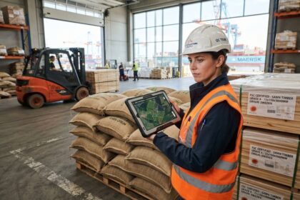 Contrôleuse en gilet orange consultant une carte satellite de parcelles sur tablette, près de sacs de café et de bois scié