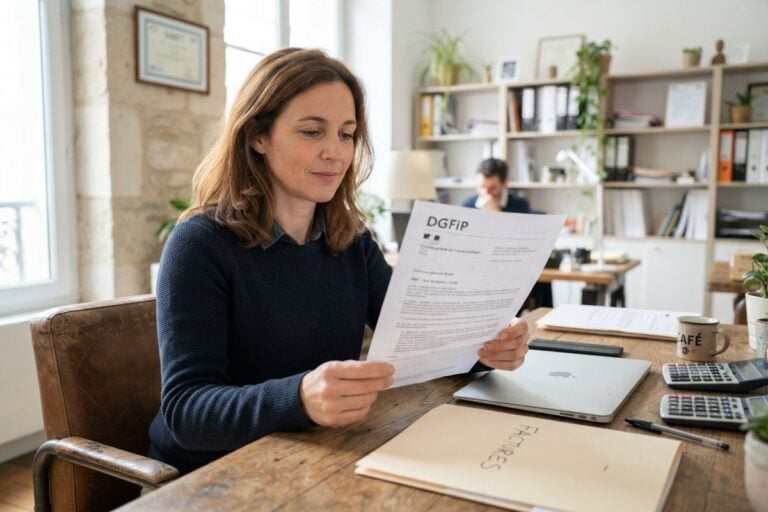 Dirigeante lisant à son bureau un courrier à en-tête DGFiP, près d'un ordinateur fermé et d'un dossier de factures
