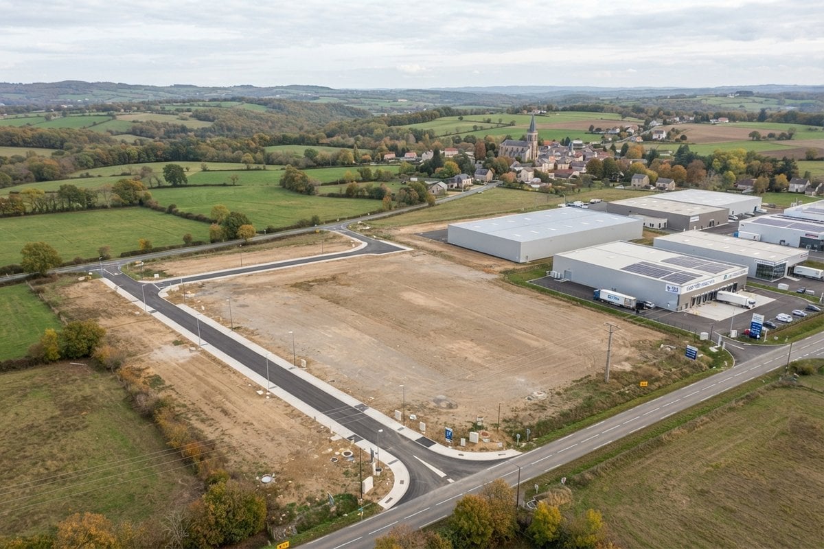 Vue aérienne d'un terrain viabilisé avec voirie neuve, à côté d'entrepôts, devant un village et sa campagne