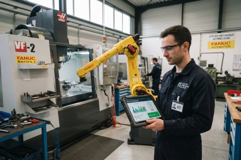 Technicien tenant une tablette devant un bras robotisé jaune Fanuc qui charge un centre d'usinage dans un atelier