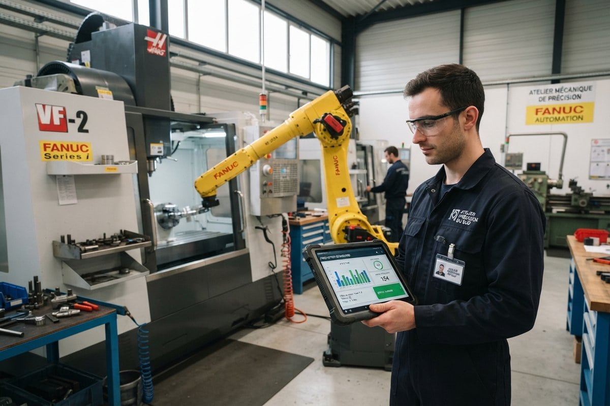 Technicien tenant une tablette devant un bras robotisé jaune Fanuc qui charge un centre d'usinage dans un atelier