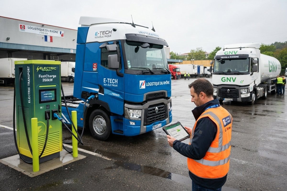 Camion électrique bleu en charge sur une borne rapide, un camion GNV et un responsable de flotte avec une tablette