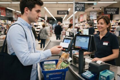 Un client paie ses courses avec une carte à la caisse d'un supermarché, face à une caissière souriante