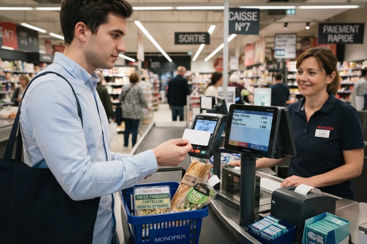Un client paie ses courses avec une carte à la caisse d'un supermarché, face à une caissière souriante