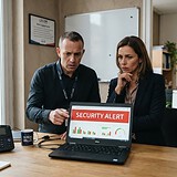 Un homme et une femme regardent, inquiets, un ordinateur portable affichant une alerte de sécurité dans un bureau