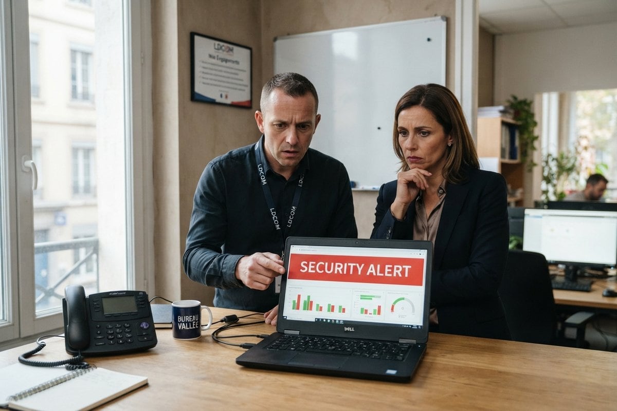 Un homme et une femme regardent, inquiets, un ordinateur portable affichant une alerte de sécurité dans un bureau