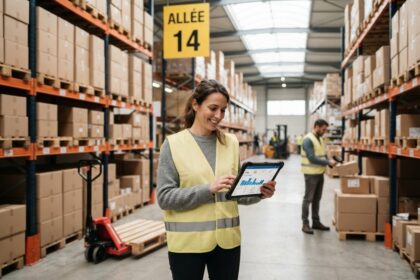 Responsable logistique souriante consultant un tableau de bord de stocks sur tablette dans un entrepôt