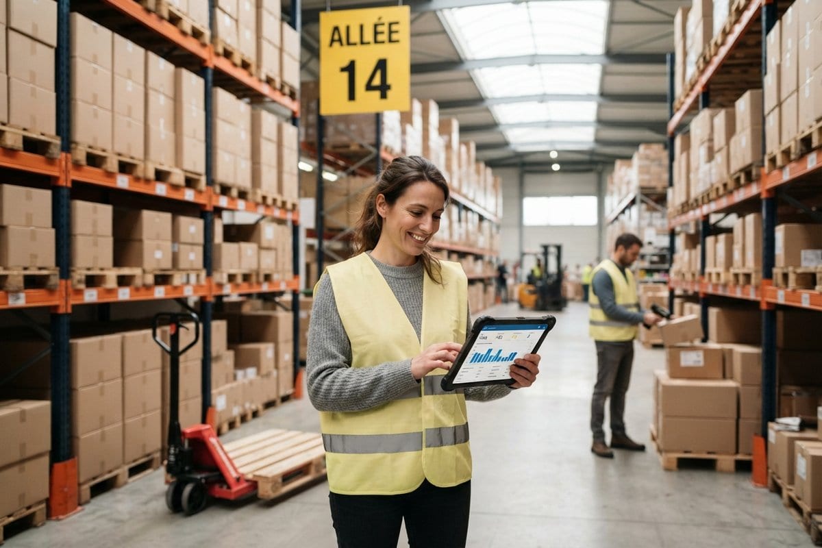 Responsable logistique souriante consultant un tableau de bord de stocks sur tablette dans un entrepôt